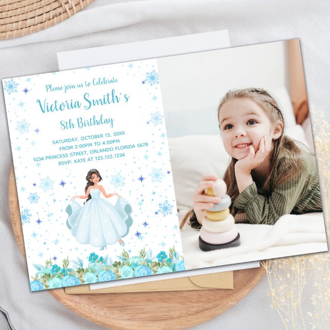 Customisable Princess Party Invitations for Kids (Photo Green Floral Princess Birthday Invitations)