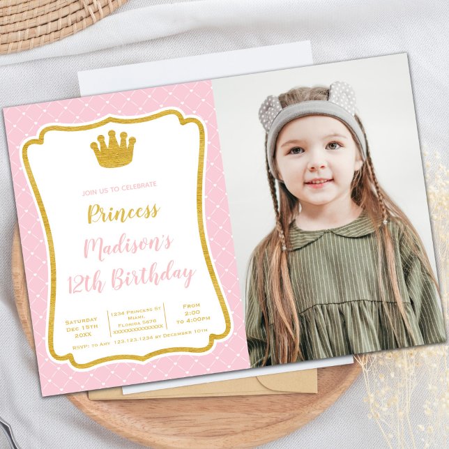 Customisable Princess Party Invitations for Kids (Pink Fram Crown Princess Cards with photo)
