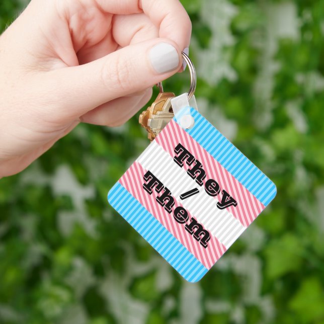 Customisable Pronoun Boho Stripe Transgender Pride Key Ring (Hand)
