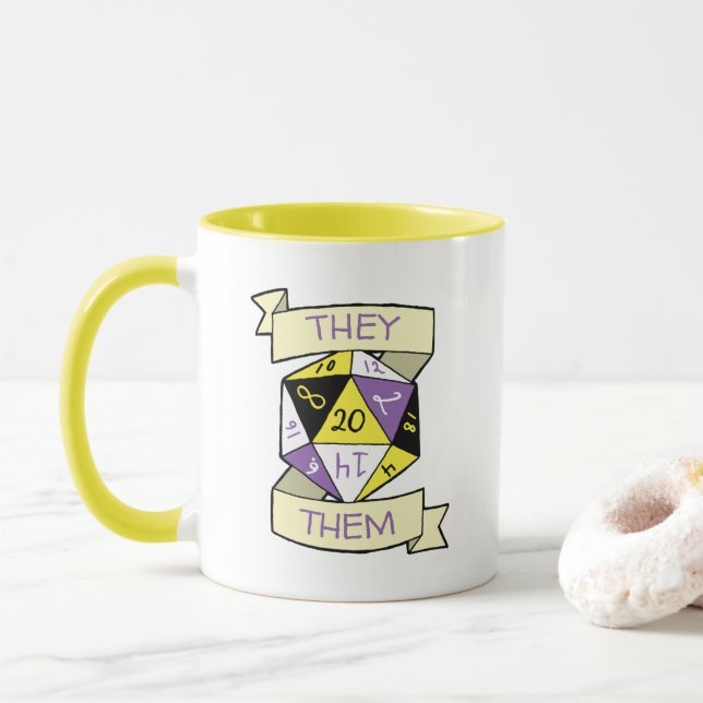 Customisable Pronouns Nonbinary D20 TTRPG Dice Mug (With Donut)