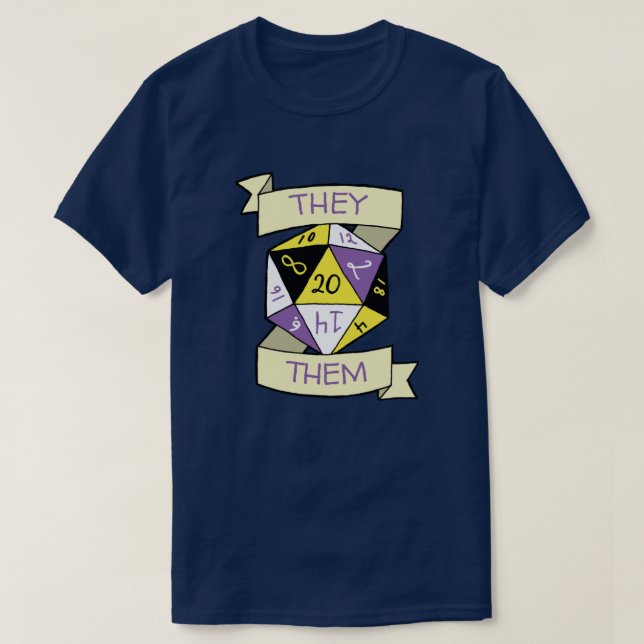 Customisable Pronouns  Nonbinary D20 TTRPG Dice T-Shirt (Design Front)