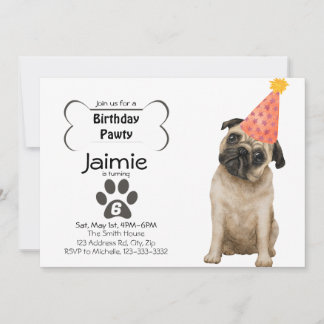 Customisable Pug Birthday PAWTY  Invitation