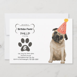 Customisable Pug Birthday PAWTY  Invitation