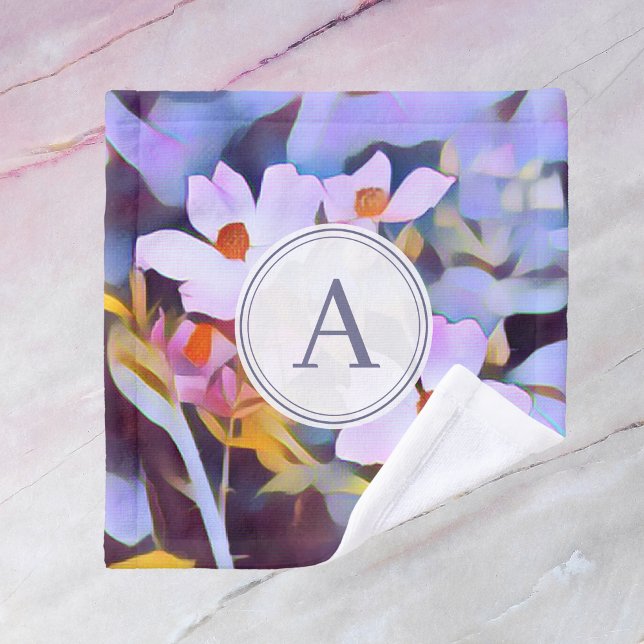 Customisable Purple and Blue Floral with Initial Wash Cloth (Photo art created from original nature photography. Make your gift extra special with their initial!)
