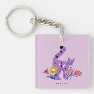 Customisable Purple Calico Cat & Matisse Flowers Key Ring