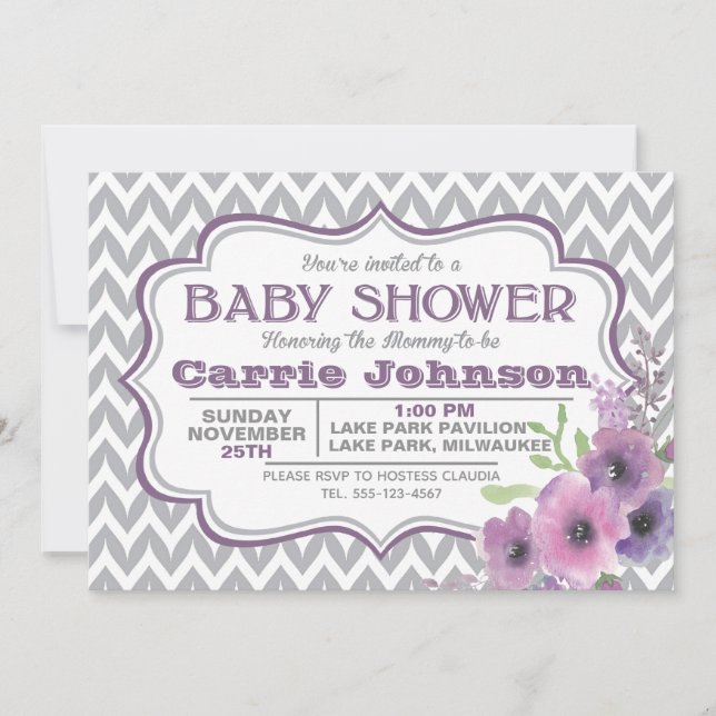 Customisable Purple & Grey Chevron Baby Shower Invitation (Front)