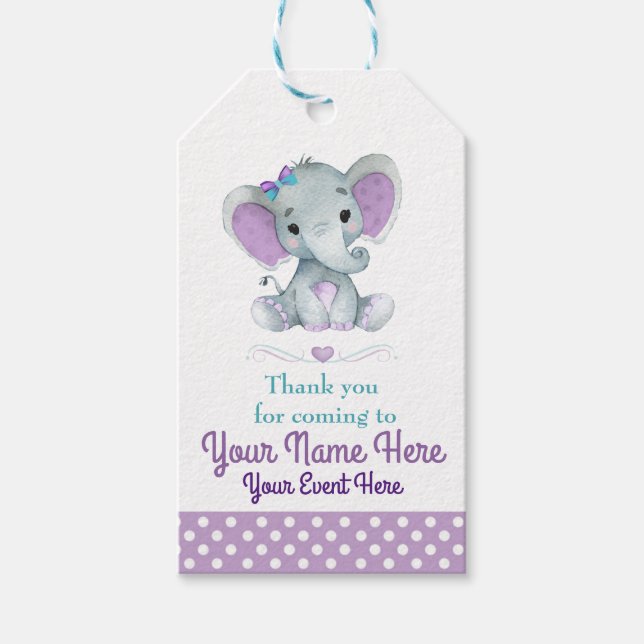Customisable Purple Teal Elephant Thank You Tag (Front)