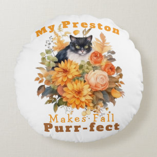Customisable Purr-fect Autumn Cat Preston Round Cushion