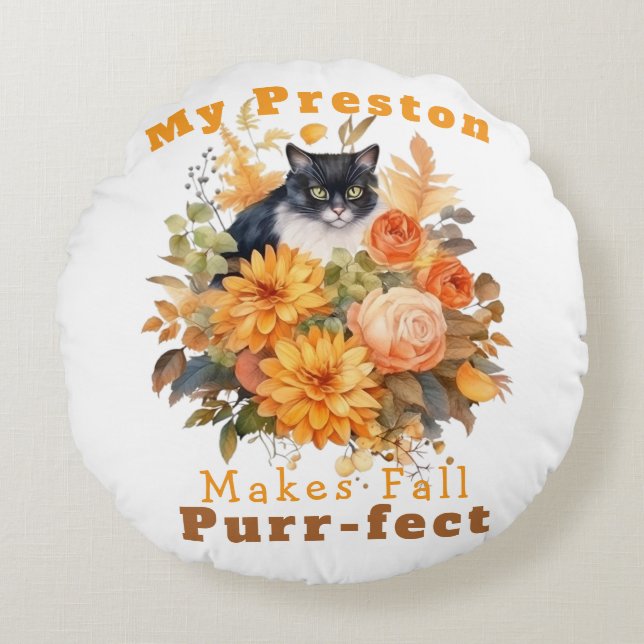 Customisable Purr-fect Autumn Cat Preston Round Cushion (Front)