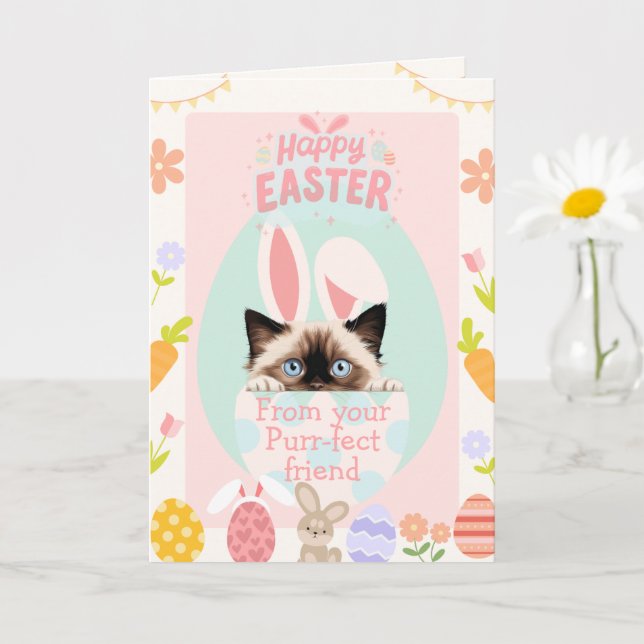 Customisable Purr-fect Ragdoll Cat Bunny Easter Card (Small Plant)