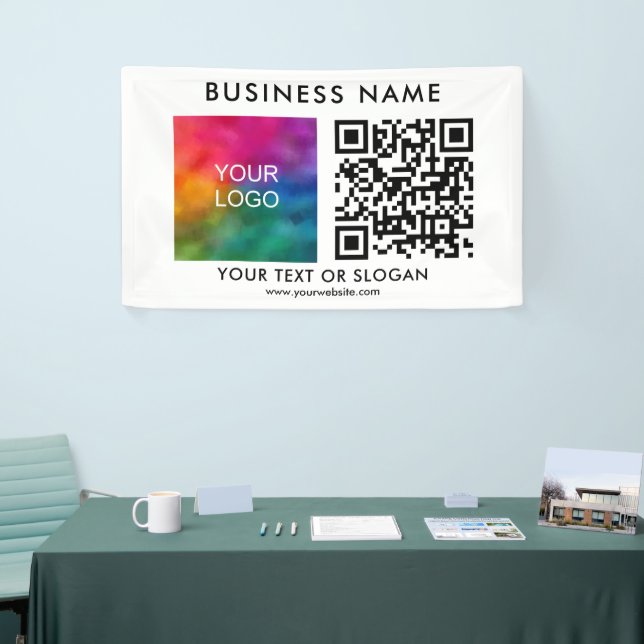 Customisable QR Code Here Elegant Business Logo Banner (Tradeshow)