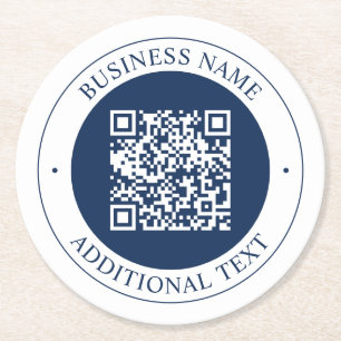 Customisable QR code & Text   Dark Navy Blue Round Paper Coaster