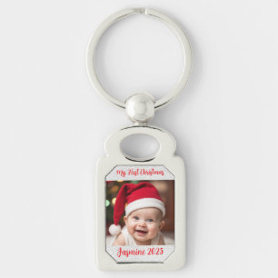 Customisable Rectangle Metal Baby First Christmas Key Ring