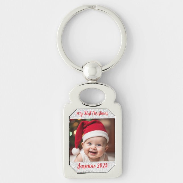 Customisable Rectangle Metal Baby First Christmas Key Ring (Front)