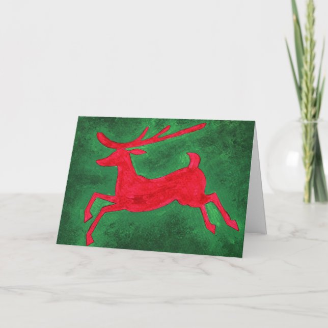 Customisable Red and Green Reindeer Painting Card (Front)