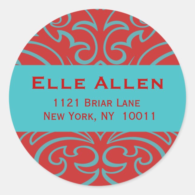 Customisable Red & Aqua Damask Stickers (Front)