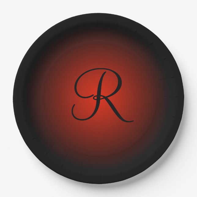 Customisable red black monogram paper plates (Front)