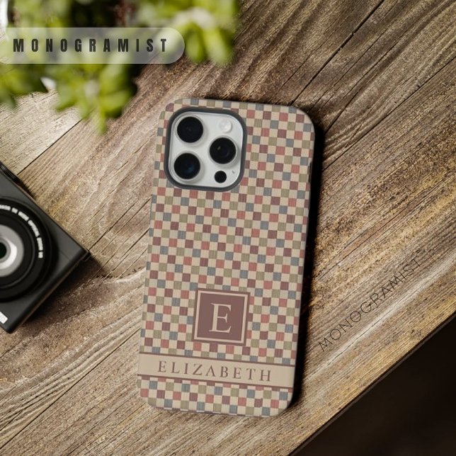 Customisable Red Green Brown Beige Chequered iPhone Case (Customizable Red Green Brown Beige Checkered iPhone Case)