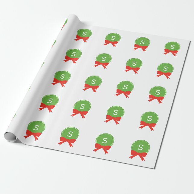 Customisable Red & Green Christmas Monogram Wreath Wrapping Paper (Unrolled)