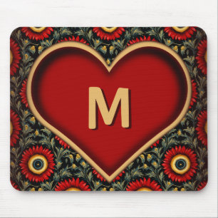 Customisable Red Vintage Monogram Heart Mousepad