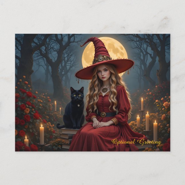 Customisable Red Witch and Familiar Post Card (Front)