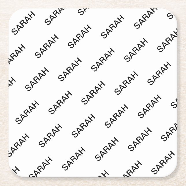 Customisable Repeating Text Modern White & Black Square Paper Coaster (Front)