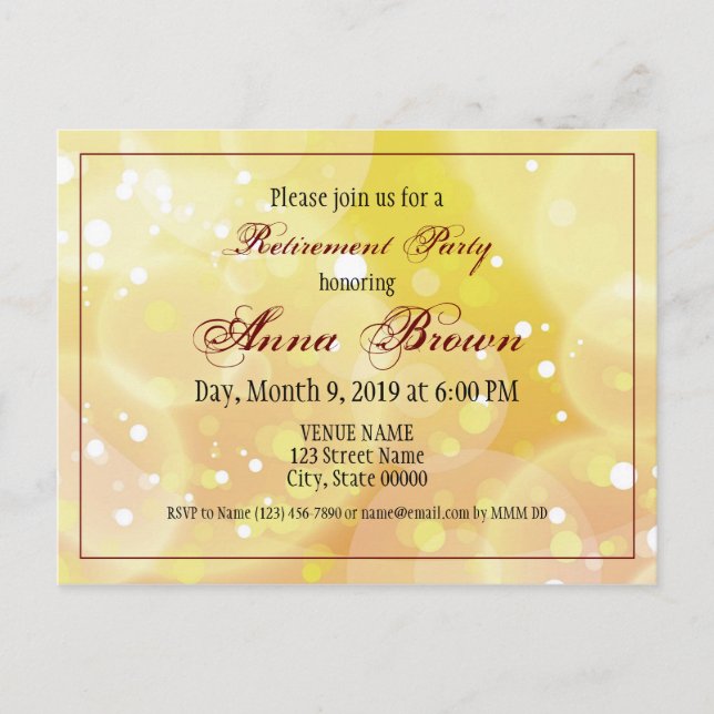 Customisable retirement invitation gold bokeh postcard (Front)