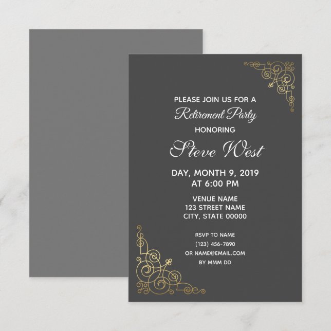 Customisable retirement invitation gold filigree (Front/Back)