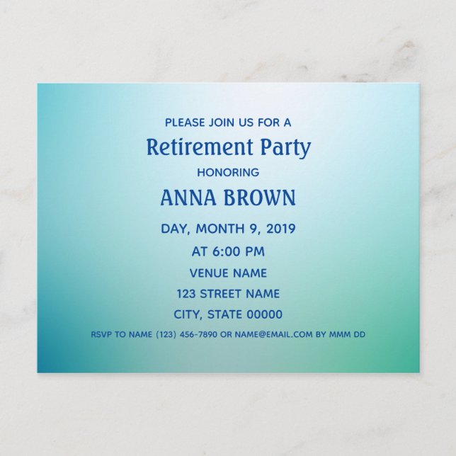Customisable retirement invitation light blue postcard (Front)