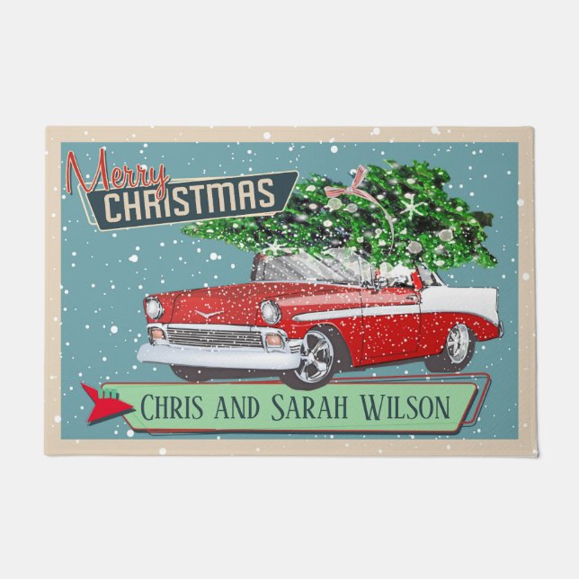 Customisable Retro Classic Car Merry Christmas Doormat (Front)