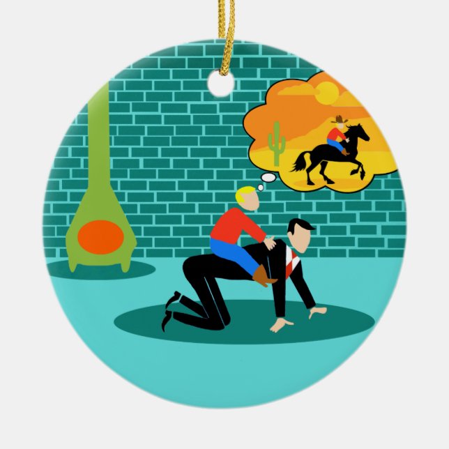 Customisable Retro Little Cowboy Ceramic Ornament (Front)