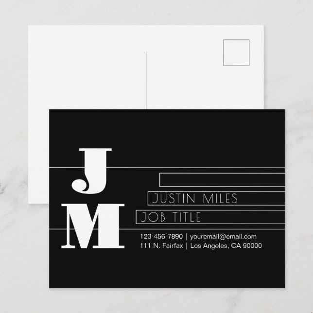Customisable Retro-modern Black & White Monogram Postcard (Front/Back)