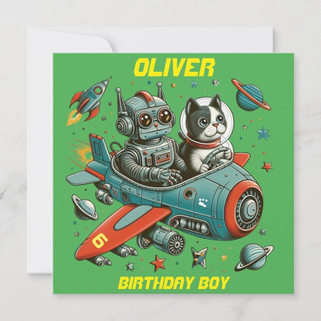 Customisable Retro Robot and Cat in Space Invitation (Front)