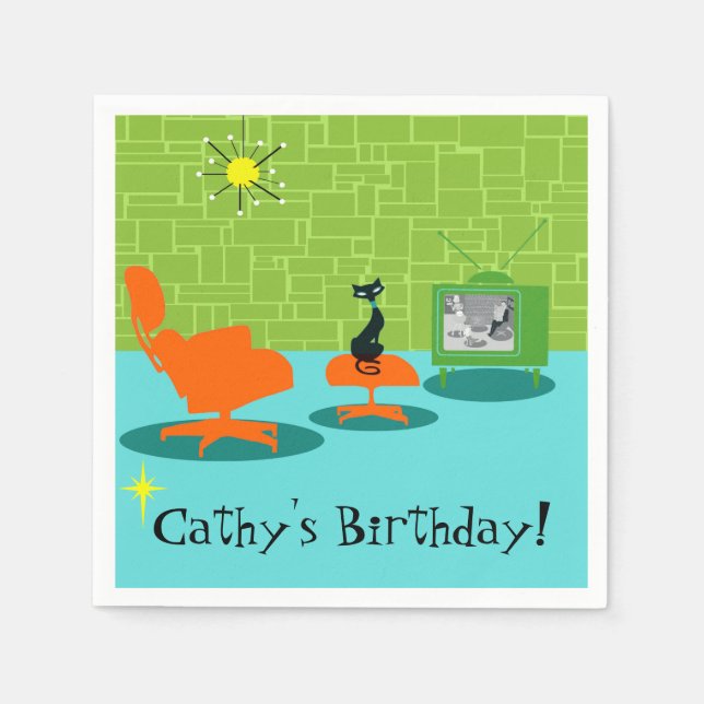 Customisable Retro Space Age Kitty Paper Napkins (Front)