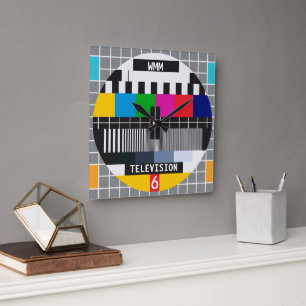 Customisable Retro Tv Test Card Pattern Square Wall Clock