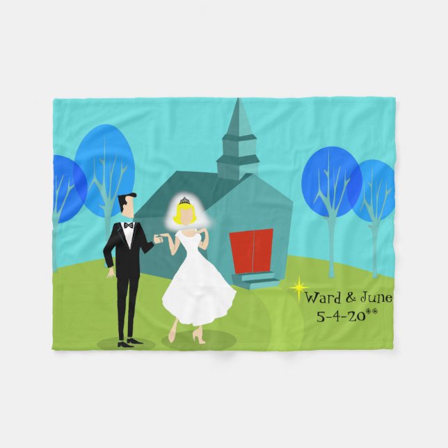 Customisable Retro Wedding Couple Fleece Blanket (Front (Horizontal))