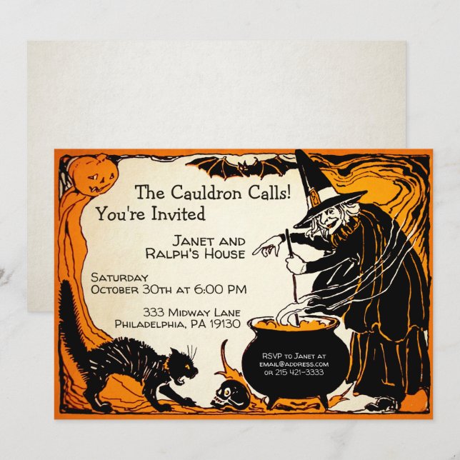 Customisable Retro Witch Halloween Invitation (Front/Back)