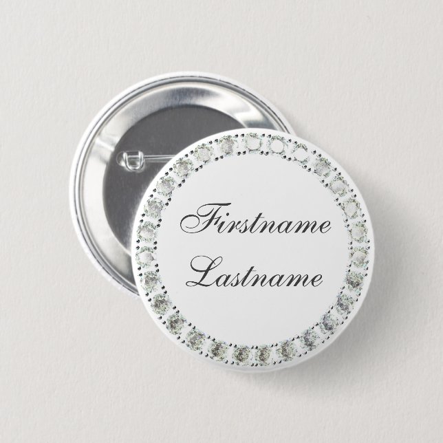 Customisable rhinestones white 6 cm round badge (Front & Back)