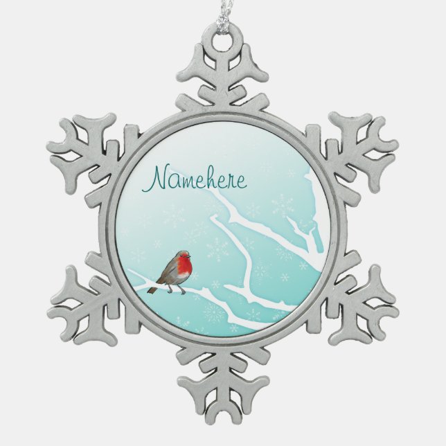 Customisable: Robin in a tree Snowflake Pewter Christmas Ornament (Front)