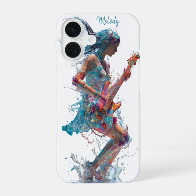 Customisable Rock’n Roll Woman – Guitar Art iPhone 16 Case (Back)