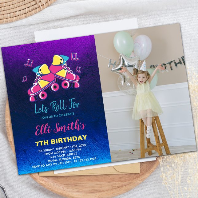 Customisable Roller Skating Party Invitations (Pink Roller invitations with photo)