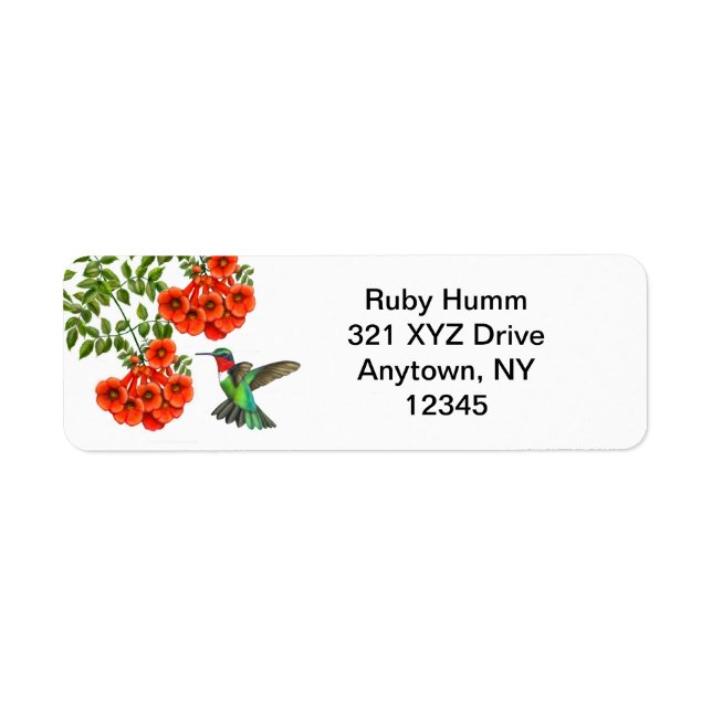 Customisable Ruby Throated Hummingbird on Trumpet Return Address Label (Front)
