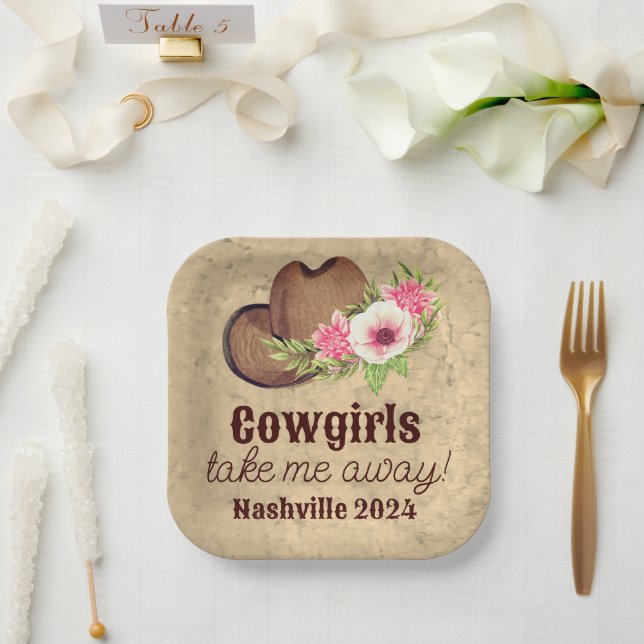 Customisable Rustic Pink Floral Cowgirl  Paper Plate (Wedding)