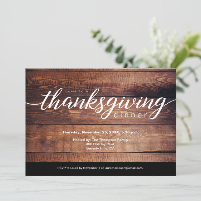 Customisable Rustic Thanksgiving Dinner Wood Grain Invitation (Standing Front)