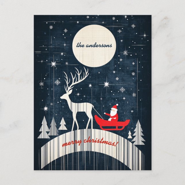 Customisable Santa on Sledge Pulled By an Elk Holiday Postcard (Front)