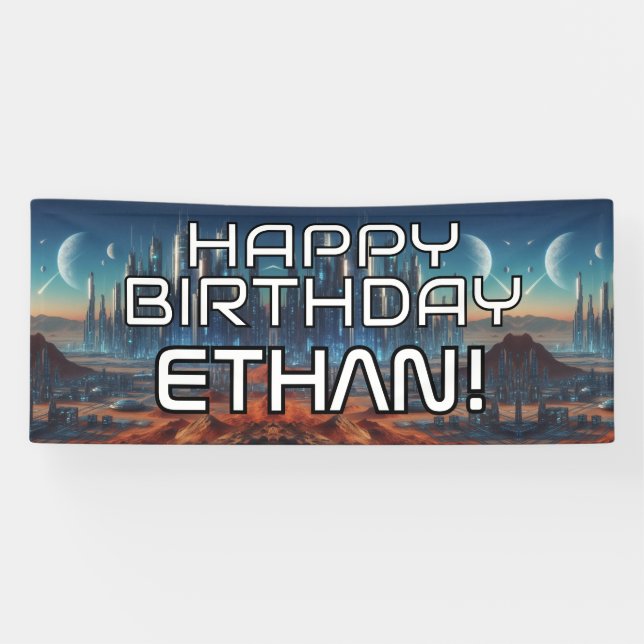 Customisable Sci-Fi themed HAPPY BIRTHDAY with nam Banner (Horizontal)