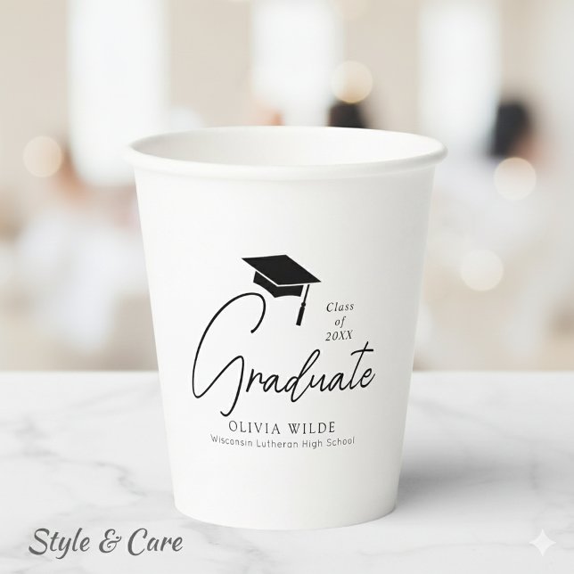 Customisable Script Black & White Graduation 8oz Paper Cups (Customizable Script Black & White Graduation 8oz Paper Cups)