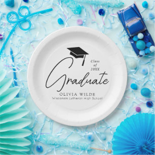 Customisable Script Black & White Graduation Paper Plate