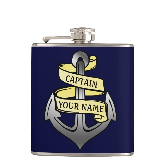 Customisable Ship Captain Your Name Anchor Hip Flask (Front)