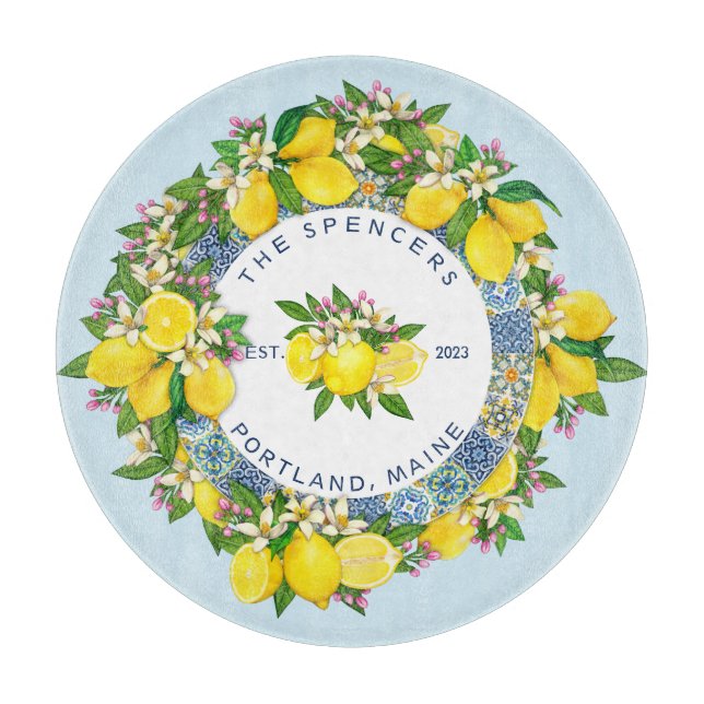 Customisable Sicilian Majolica Tiles Floral Lemon Cutting Board (Front)